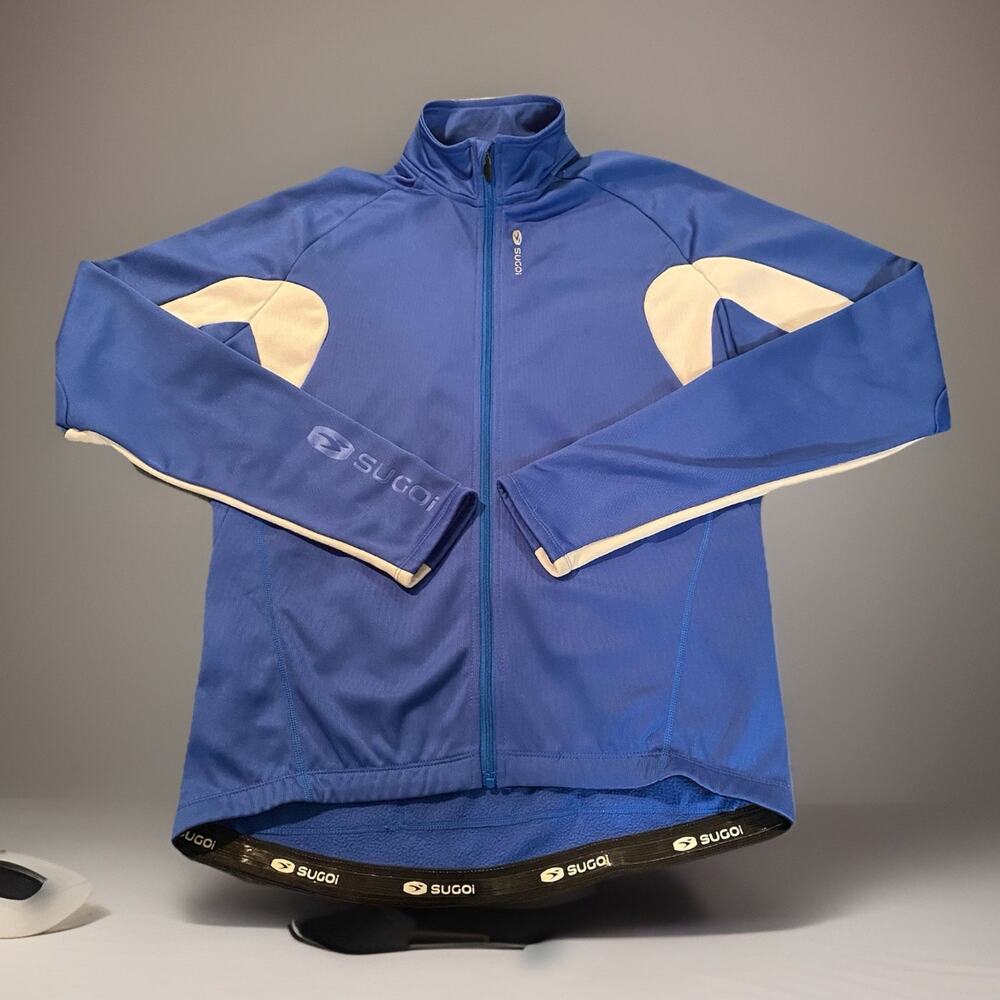 SUGOI “Hotshot Jersey” Men's Cycling Jacket EUC Blue White Zip 3 Pockets Size M
